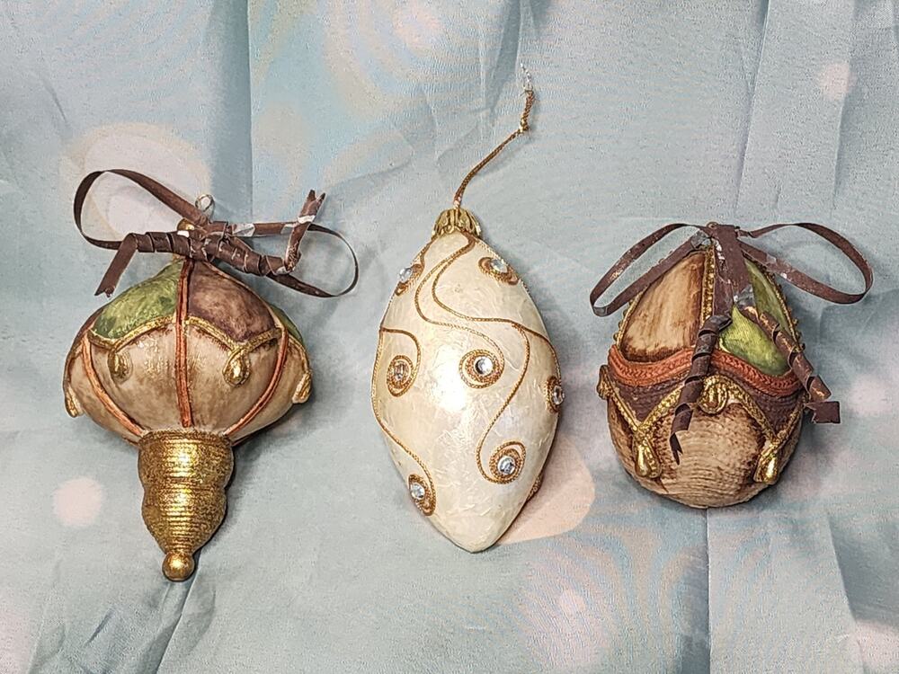 3 Vintage Christmas Ornaments Embellished Aluminum Bow Ties Gold Trim Holiday